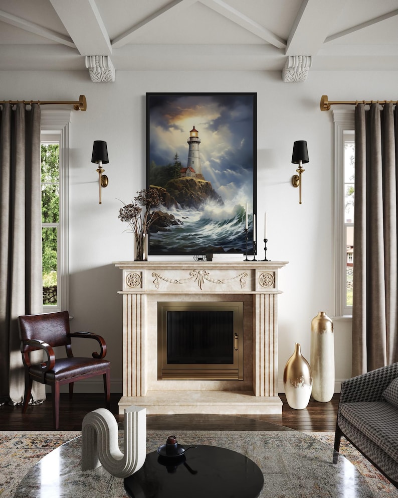 a cozy living room with a fireplace, a large painting of a lighthouse, and a comfortable seating area with a couch and a chair.