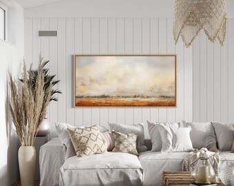 Farmhouse Wall Art, Minimalist Farm Field Painting Canvas PRINT, Retro Neutral Farm Landscape Wall Art, Rustic Home Decor,  Ready To Hang