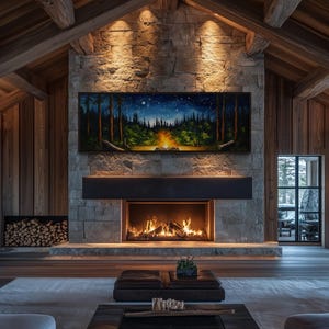 Campfire in The Forest Wall Art Long Horizontal Cabin Decor, Above Fireplace Mantel Panoramic Painting Canvas Print Framed Ready To Hang