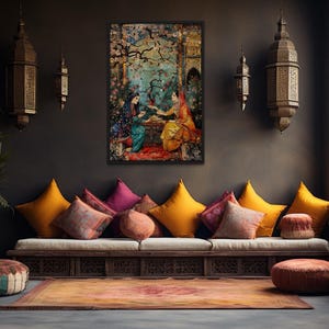 Middle Eastern Wall Art, Persian Women Tea Ceremony Painting Canvas Print, Traditional Oriental Decor Framed Ready To Hang