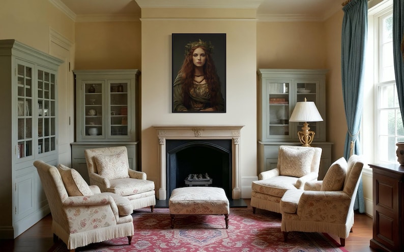 a cozy living room with a fireplace, two armchairs, a sofa, and a large painting of a woman with long red hair.