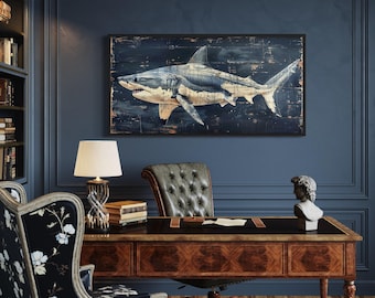 Nautical Wall Art Great White Shark Painting on Navy Blue Distressed Wood Canvas PRINT, Rustic Beach House Wall Decor,  Framed Ready To Hang