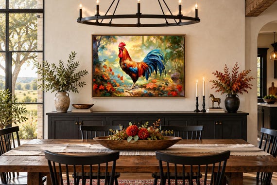 Rooster Painting Canvas PRINT, Farmhouse Wall Art,  Farm Birds Rural Wall Decor Framed/Unframed Ready To Hang