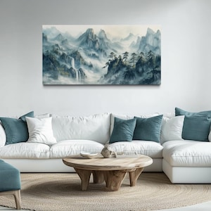 Chinese Wall Art - Traditional Chinese Mountain Landscape Teal White In Shan Shui Hua Style Painting Canvas Print Ready To Hang