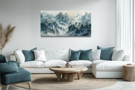 Chinese Wall Art - Traditional Chinese Mountain Landscape Teal White In Shan Shui Hua Style Painting Canvas Print Ready To Hang