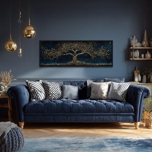 Navy Blue Gold Yggdrasil Over Bed Wall Art - Luxury Tree of Life Painting Long Horizontal Canvas Print Framed Ready to Hang