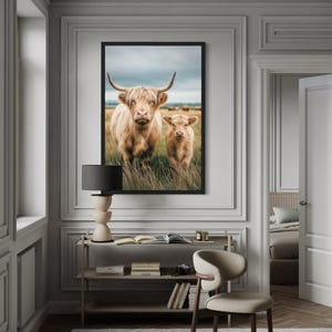 Highland Cow and Calf Photography Style Wall Art – Rustic Farmhouse Animal Canvas, Scottish Cattle Nature Scene for Home Decor