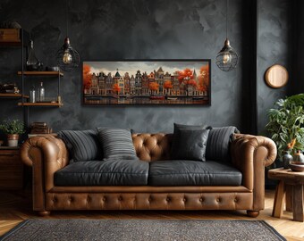 Amsterdam Canal Wall Art, Long Horizontal Colorful Houses Painting With Water Reflection, European Cityscape Canvas Framed Ready To Hang