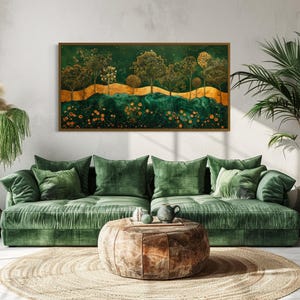 Emerald Green Gold Wall Art, Art Nouveau Trees Landscape Luxury Painting Canvas PRINT, Boho Wall Decor Framed Ready To Hang
