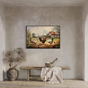 a serene indoor setting with a painting of chickens in a rural landscape hanging on the wall. A wooden bench is positioned in front of the painting, and a vase with dried flowers is placed nearby.