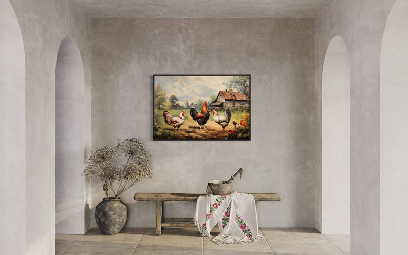a serene indoor setting with a painting of chickens in a rural landscape hanging on the wall. A wooden bench is positioned in front of the painting, and a vase with dried flowers is placed nearby.
