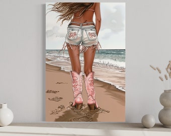 Küsten-Cowgirl in rosa Stiefeln und Jeansshorts am Strand, Gemälde-Kunstdruck, adrette Wandkunst, rosa Mode-Wanddekoration, gerahmt, fertig zum Aufhängen