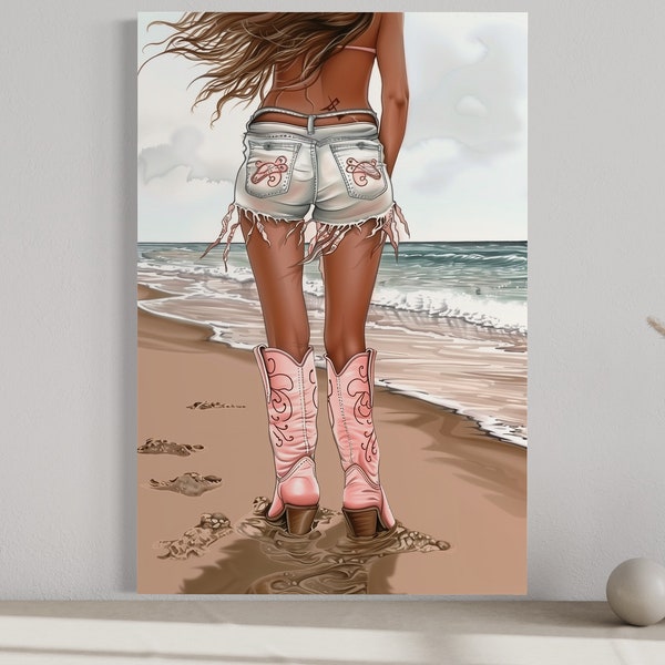 Coastal Cowgirl In Pink Boots And Jean Shorts On the Beach Painting Art Print, Preppy Wall Art Pink Fashion Wall Decor Framed  Ready To Hang