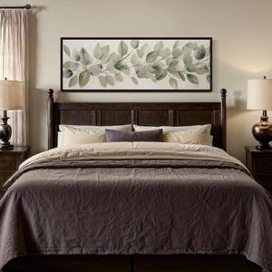 Farmhouse Wall Art, Minimalist Eucalyptus Leaves Painted On Rustic Wood Canvas Print - Panoramic Long Horizontal Art, Bedroom Decor