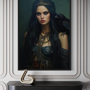 The image is a framed painting depicting a woman with long dark hair wearing a crown, standing next to a black bird.