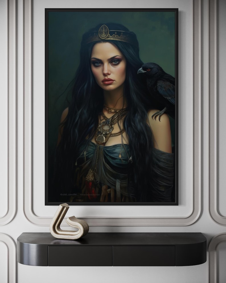 The image is a framed painting depicting a woman with long dark hair wearing a crown, standing next to a black bird.