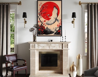 Japanese Wall Art - Ukiyo E Style Crane, Maple Blossom And Sun Painting Canvas PRINT, Ready To Hang