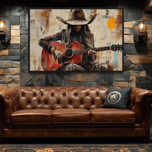 Cowgirl Playing Guitar Wall Art, Western Wall Decor, Music Room Wall Art Rustic Cowgirl Painting Print Framed Ready To Hang