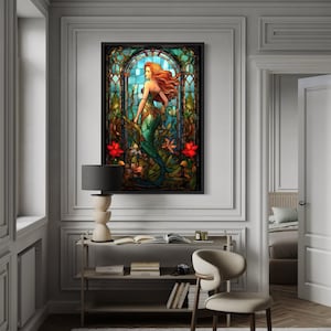 Mermaid Wall Art - Stained Glass Style Art Nouveau Mermaid Painting Canvas Print - Girls Room Decor, Bathroom Wall Art Ready To Hang