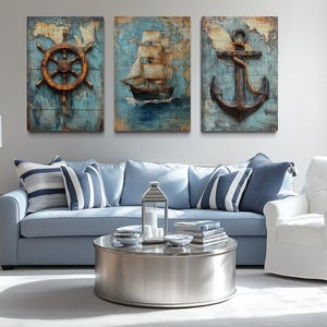 Set of 3 Nautical Wall Art - Vintage Ship, Anchor And Wheel Helm Canvas Prints On Blue Antique Map, Beach House Decor Framed Ready To Hang