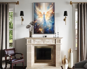 Angel In Blue Heavenly Light Painting Canvas PRINT, Angelic Apparition Wall Art, Christian Religious Spiritual Artwork Framed Ready To Hang
