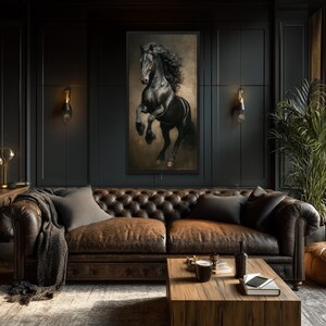 a luxurious living room with a large leather sofa, a wooden coffee table, and a framed artwork of a horse on the wall. The room has dark wood paneling and a large window, creating a cozy and elegant atmosphere.