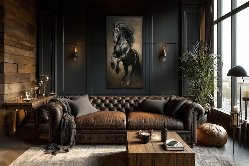 a luxurious living room with a large leather sofa, a wooden coffee table, and a framed artwork of a horse on the wall. The room has dark wood paneling and a large window, creating a cozy and elegant atmosphere.