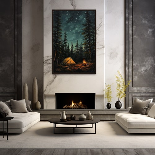 Camping Wall Art Campfire And Tent In Pine Tree Forest Painting Canvas Print, Over Mantel Decor Framed Unframed Ready To Hang