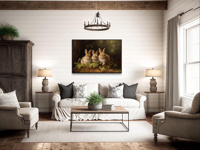 a cozy living room with a large painting of three rabbits on the wall, a wooden coffee table, a sofa, and two armchairs.