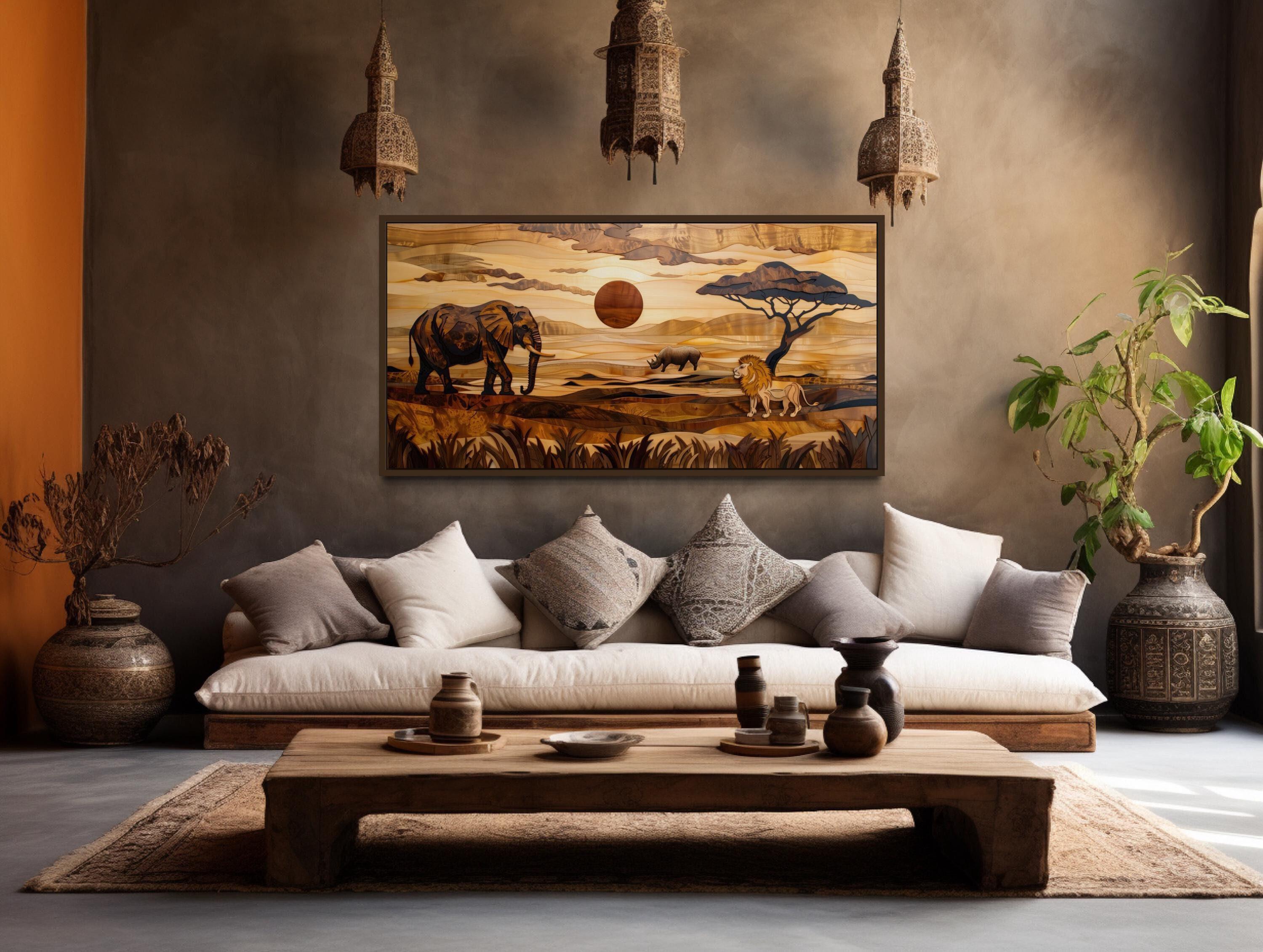 African Wall Art Painting Canvas PRINT, Savanna Landscape With Elephant ...