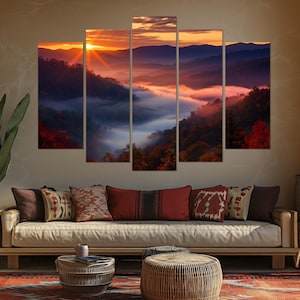 5 Piece Smokey Mountains Sunset Wall Art - Nature Landscape Multi-Panel Canvas Print Ready To Hang