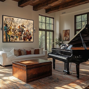 a spacious living room with a grand piano, a white sofa, and a wooden coffee table. The room is filled with natural light from large windows, and there are paintings on the walls.