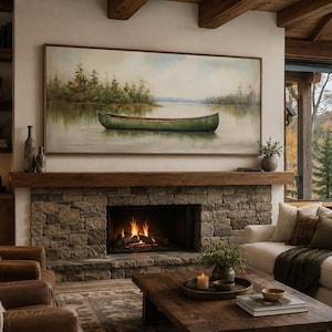 Green Canoe Vintage Painting On Wood Canvas PRINT, Large Rustic Cottage Cabin Wall Art, Lake House Decor, Canoe Wall Decor, Ready To Hang