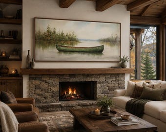 Green Canoe Vintage Painting On Wood Canvas PRINT, Large Rustic Cottage Cabin Wall Art, Lake House Decor, Canoe Wall Decor, Ready To Hang