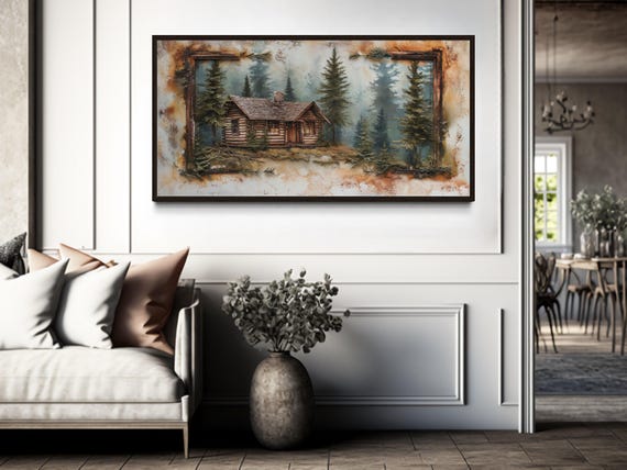 Old Log Cabin in the Woods Wall Art Rustic Cottage in Fir Forest Painting Canvas PRINT Retro Lodge Wall Decor Framed Ready to Hang Etsy UK