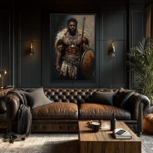 African Tribal Warrior Wall Art – Powerful Warrior Canvas Print With Shield and Spear, Masculine Statement Artwork for Man Cave Décor imagen 4
