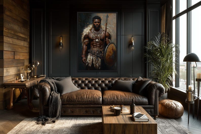 African Tribal Warrior Wall Art – Powerful Warrior Canvas Print With Shield and Spear, Masculine Statement Artwork for Man Cave Décor imagen 4