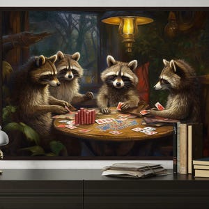 Raccoons Playing Poker - Game Room Wall Art - Poker Room Decor - Man Cave Wall Art Framed Ready To Hang