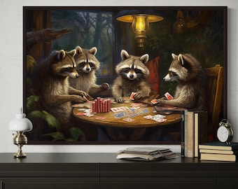 Raccoons Playing Poker - Game Room Wall Art - Poker Room Decor - Man Cave Wall Art Framed Ready To Hang