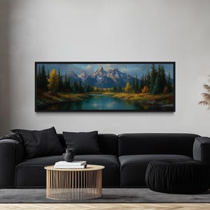 Grand Teton National Park Wall Art, Long Horizontal Wyoming Mountain River Landscape Canvas Print Framed Ready To Hang