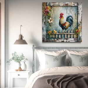 a cozy bedroom scene with a bed, a nightstand, and a painting of a rooster on the wall.