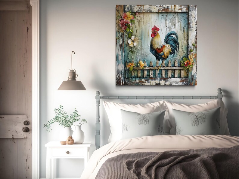a cozy bedroom scene with a bed, a nightstand, and a painting of a rooster on the wall.