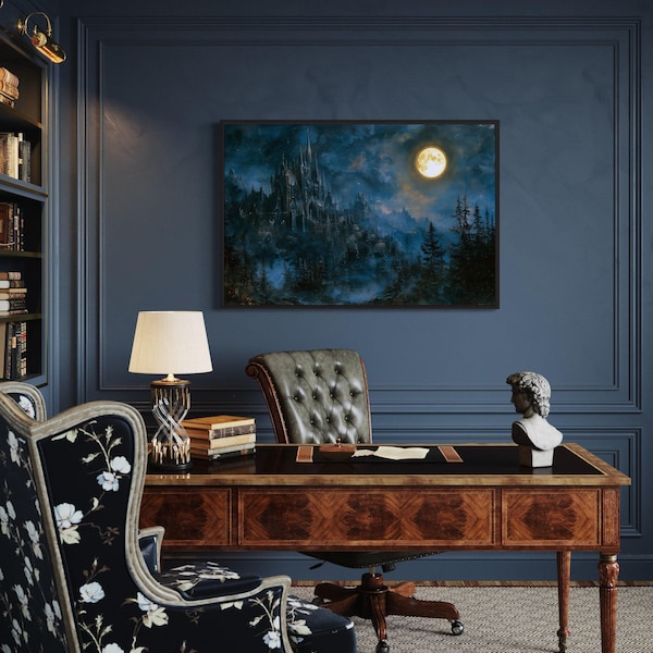 Halloween Wall Art, Spooky Gothic Haunted Castle Under Moon Navy Blue Landscape, Moody Gothic Dark Wall Decor Framed Ready To Hang