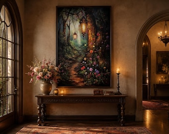 Enchanted Magical Forest Painting Canvas Print - Mystical Forest And Lighted Path Wall Art Over Mantel Art, Cool Fantasy Painting