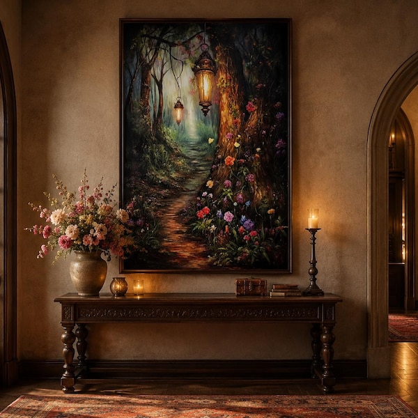 Enchanted Magical Forest Painting Canvas Print - Mystical Forest And Lighted Path Wall Art Over Mantel Art, Cool Fantasy Painting