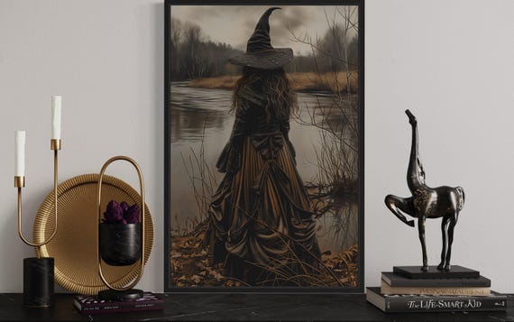 Halloween Wall Art Salem Witch At The Lake Painting Canvas PRINT, Moody New England Landscape Framed Ready To Hang