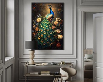Peacock Wall Art - Stained Glass Style Peacock Painting Canvas PRINT, Exotic Bird Artwork Framed Ready To Hang