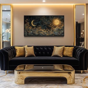 Black Gold Sun And Moon Wall Art, Celestial Painting Canvas PRINT, Sun Moon Decor Framed Ready To Hang