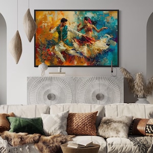 Indian Wall Art Man And Woman Dancing Modern Abstract Painting Canvas PRINT, Bollywood Dance Artwork Framed Ready To Hang