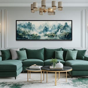 Green Shan Shui Landscape Wall Art – Traditional Chinese Mountain Waterfall Canvas Print, Serene Nature Decor for Living Room or Zen Space